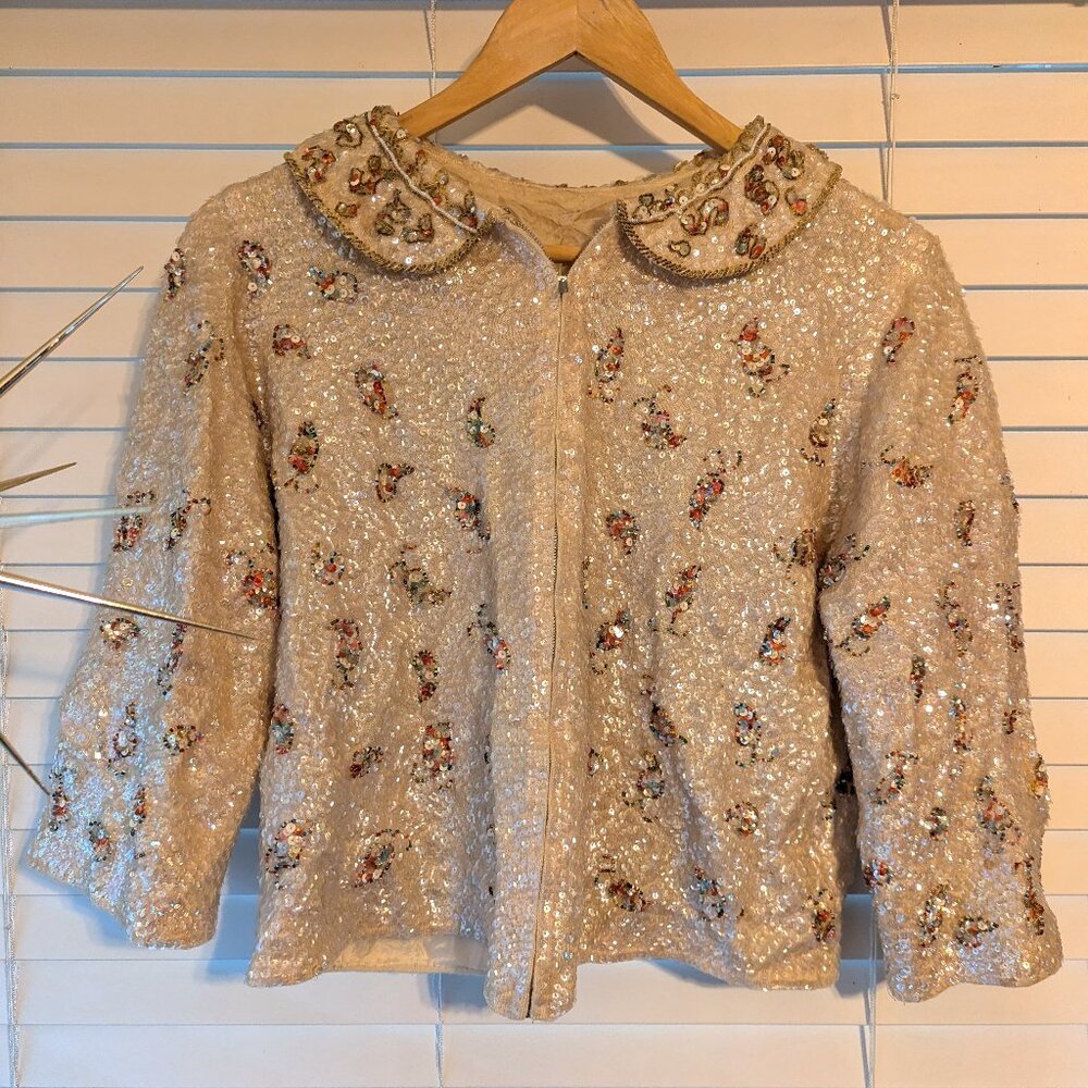 Artex Beaded Sequin Zip Up Cardigan
